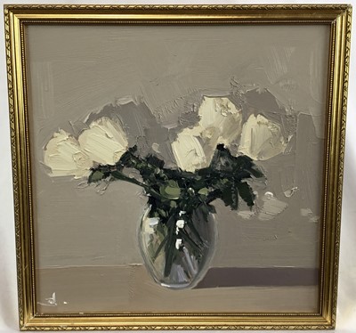 Lot 120 - Vivek Mandalia, oil on canvas, roses in a vase, signed with 
monogram, in gilt frame. 30 x 30cm