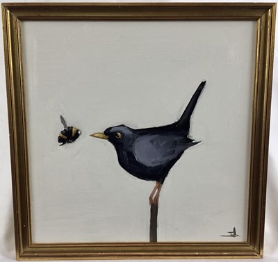 Lot 121 - Vivek Mandalia, oil on canvas, A blackbird and a bumble bee, 
monogrammed, in gilt frame. 29 x 29cm