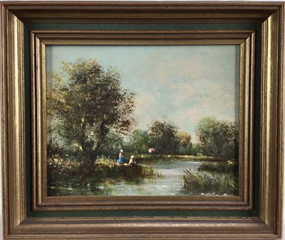 Lot 125 - Donald Stockton-Smith, pair of oils on board, "Afternoon on the River Dart" and a country scene, signed, in gilt frames. 
Each 19 x 24cm (2)