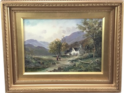 Lot 118 - Late Victorian School, oil on canvas, A hilly country scene with figures by a stream near a 
farmhouse, in original gilt frame. 
24 x 34cm