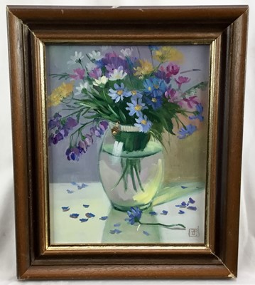 Lot 107 - Zhanna Pechugina, oil on board, Summer flowers in a vase, monogrammed 
also inscribed verso, in painted frame. 24 x 19cm