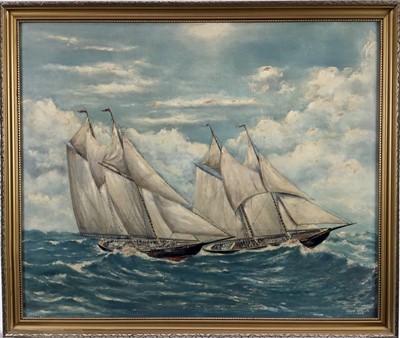 Lot 111 - John Leslie, oil on board, Blue nosed Schooners racing, signed 
and dated 1968, also inscribed verso. 49 x 59cm