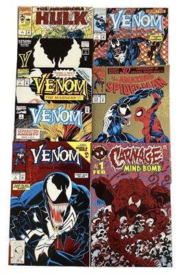 Lot 60 - Marvel Comics Venom (1990's). To include the Incredible Hulk vs. Venom #1 (1994), Venom lethal protector #1 (1992), Venom funeral pyre #1 (1993). Also the Amazing Spider-Man #375 (1993) ...