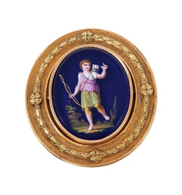 Lot 419 - 19th century French gold and enamel brooch depicting Cupid