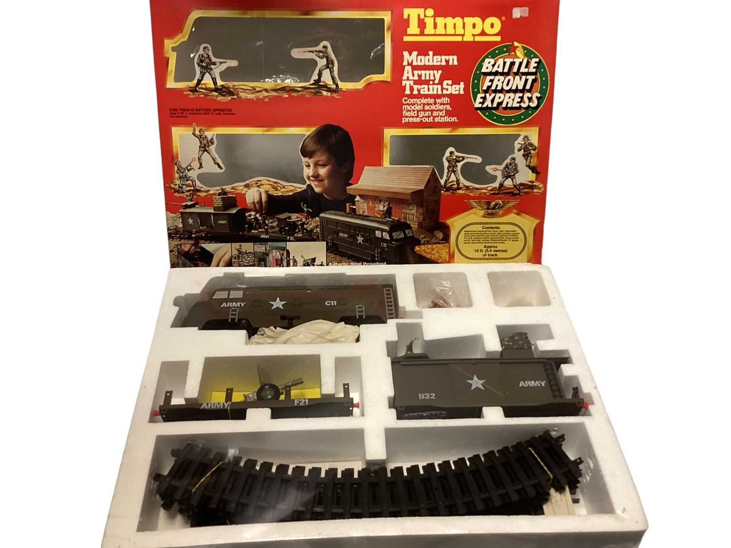 Lot 1891 - Timpo Modern Army Train Set, No.245 & Comando Raid Modern Army, No.313, both boxed, plus Soldier and Heroes in Action military figurines (5)