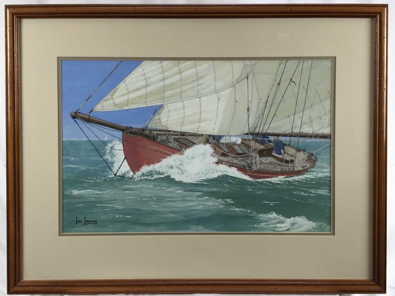 Lot 101 - Ian Conway signed watercolour and gouache, Racing Yacht under way, 37cm x 57cm