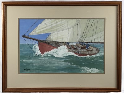 Lot 101 - Ian Conway signed watercolour and gouache, Racing Yacht under way, 37cm x 57cm