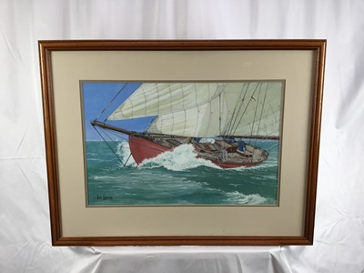 Lot 101 - Ian Conway signed watercolour and gouache, Racing Yacht under way, 37cm x 57cm