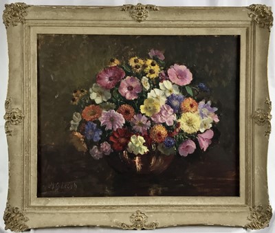 Lot 103 - M.J. Leigh signed oil on canvas, Flowers in a bowl, 42.5cm x 52.5cm, framed