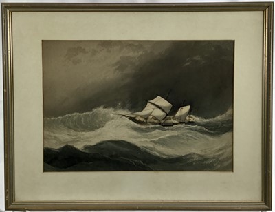 Lot 104 - English School, 19th century watercolour - A Sail and Steam Paddle ship in stormy seas, 32cm x 46cm in glazed frame