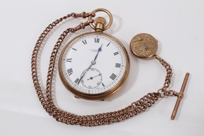 Lot 561 - Gentlemen's 9ct gold Benson pocket watch on a 9ct gold curb link chain with gold locket fob