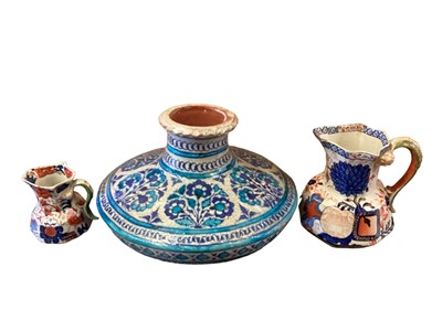 Lot 1295 - Two Victorian Ironstone jugs, Victorian Parian jug, another jug, ginger jar and a blue glass vase