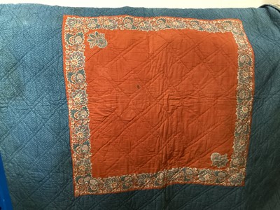 Lot 2137 - Reversible patchwork quilt, hand stitched, diamond pattern, blue striped and geometric cotton materials.