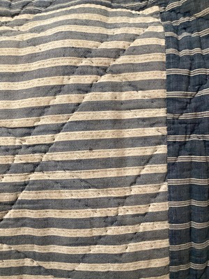 Lot 2137 - Reversible patchwork quilt, hand stitched, diamond pattern, blue striped and geometric cotton materials.