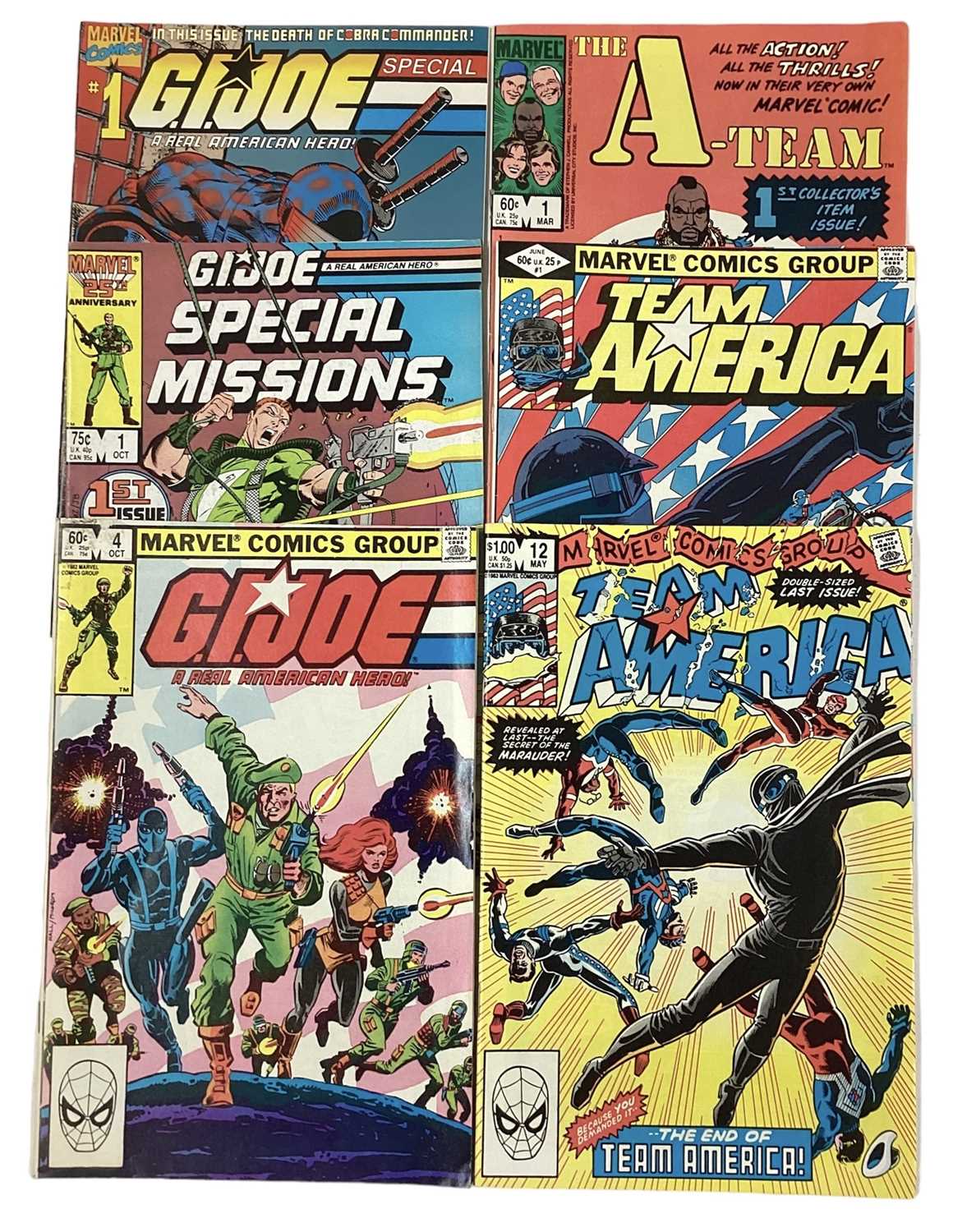 Lot 67 - Six Marvel Comics. G.I Joe A Real American Hero #1 (1995) and #4, The A-Team #1 (1984), Team America #1 (1982) and #12 (Last Issue) (1983), G.I Joe Special Missions #1 (1986)