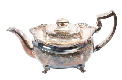 Lot 283 - Early 19th century silver teapot of compressed baluster form, with engraved decoration