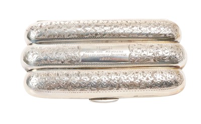 Lot 295 - Early Edwardian silver cigar case, with hinged cover to hold six cigars and engraved decoration