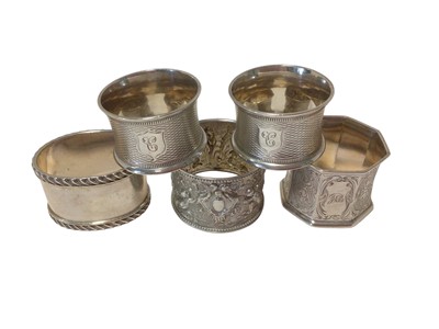 Lot 310 - Collection of five Victorian silver napkin rings, including a pair (various dates and makers) 5ozs.