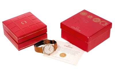 Lot 552 - 1960s Omega gold wristwatch, circa 1962, with original papers and boxes