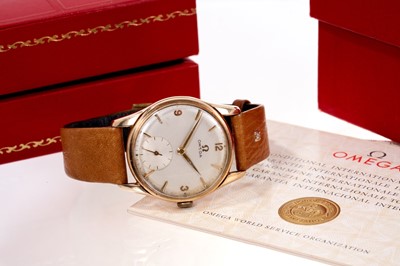 Lot 552 - 1960s Omega gold wristwatch, circa 1962, with original papers and boxes