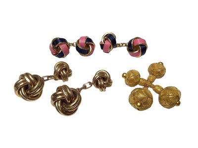 Lot 24 - Pair of 9ct gold knot cufflinks, similar yellow metal pair and a pink and blue enamelled pair