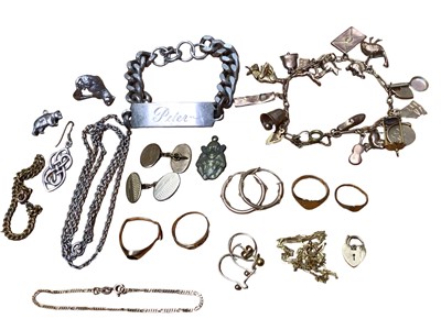 Lot 29 - 9ct gold charm bracelet, other 9ct gold jewellery, 15ct gold seed pearl ring (stones missing) and one other gold ring stamped 800, together with a silver identity bracelet and a small group of othe...