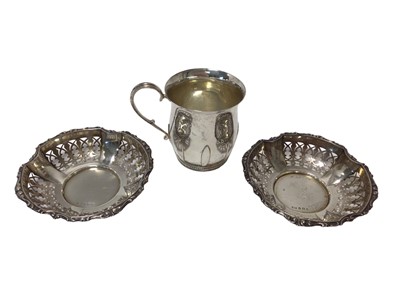 Lot 245 - Silver mug and two silver bon bon dishes