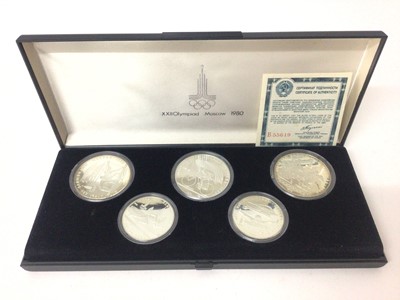 Lot 446 - Russia - Silver five coin proof set commemorating The XX11 Olympiad Moscow 1980 (N.B. Cased with Certificate of Authenticity) (1 coin set)