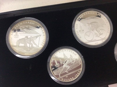 Lot 446 - Russia - Silver five coin proof set commemorating The XX11 Olympiad Moscow 1980 (N.B. Cased with Certificate of Authenticity) (1 coin set)