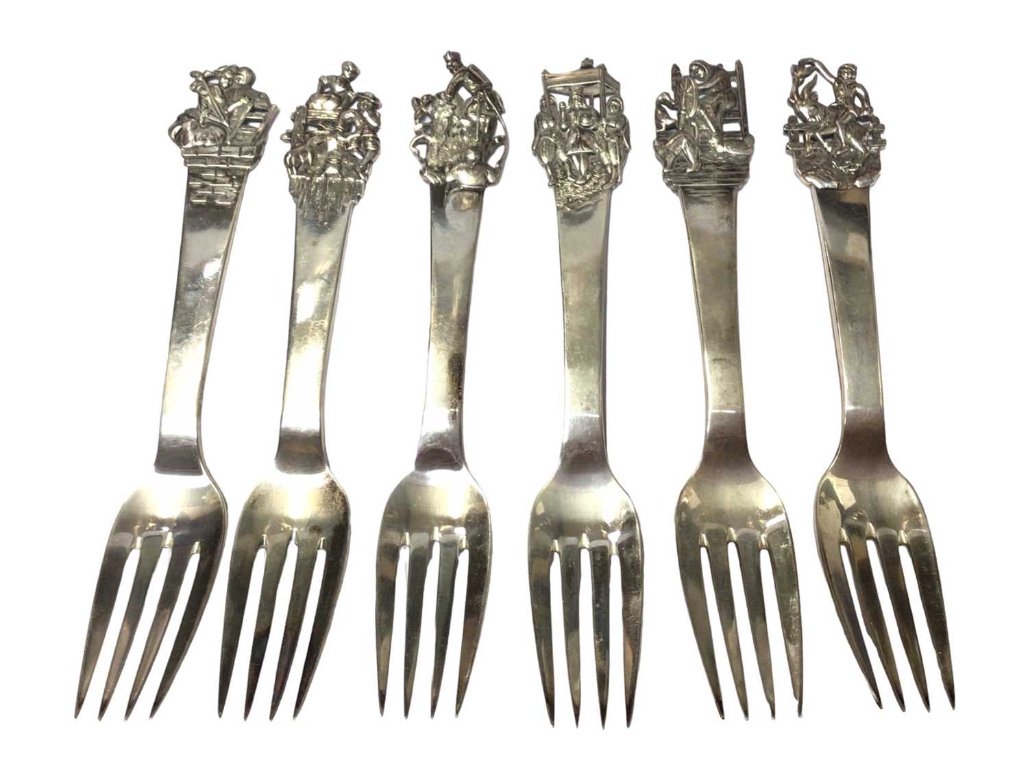 Lot 79 - Set of six Danish silver forks with figural terminals, makers mark Johannes Siggaard