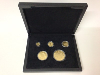 Lot 453 - Gibraltar - Hattons of London five coin gold proof definitive set commemorating the 2018 Sapphire Coronation Jubilee Sovereign to include Quarter Sovereign to Five Pounds (N.B. - World's first sove...