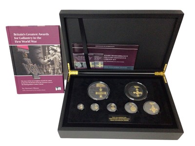 Lot 454 - Tristian Da Cunha - Hattons of London seven coin gold 22 carat proof set commemorating the 2018 Armistice Centenary Remembrance to include £50 (Wt. 155.5gms), £25 (Wt. 77.8gms), £5 (Wt. 40gms), Dou...