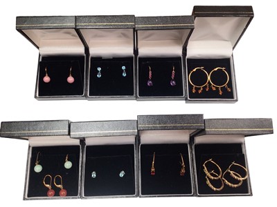 Lot 87 - Ten pairs of 9ct gold mounted gem set earrings