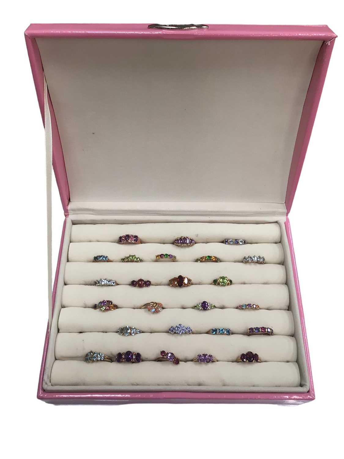 Lot 92 - Twenty five 9ct gold multi-gem set rings within a ring display case