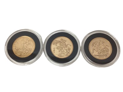 Lot 459 - G.B. - Mixed gold Sovereigns Elizabeth II to include 2012 UNC, 2016 proof & 2018 UNC (3 coins)