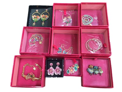 Lot 111 - Collection of ten 1980s Butler & Wilson multi-coloured diamanté novelty jewellery including necklaces, brooches and earrings, all boxed