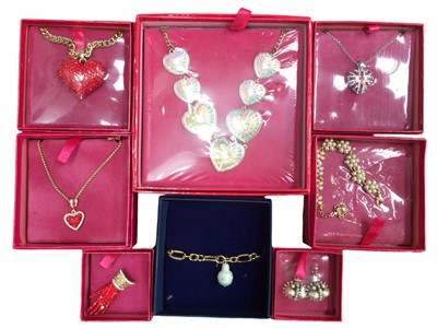 Lot 113 - Collection of eight 1980s Butler & Wilson novelty jewellery including diamanté heart pendant necklaces, diamanté hand brooch simulated pearl bracelets and pair of earrings