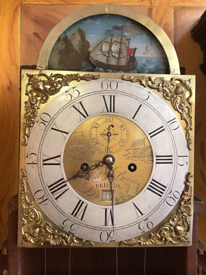 Lot 617 - William Priest of Bristol - mid -18th century 8 day long case clock with automaton ship to the arched dial