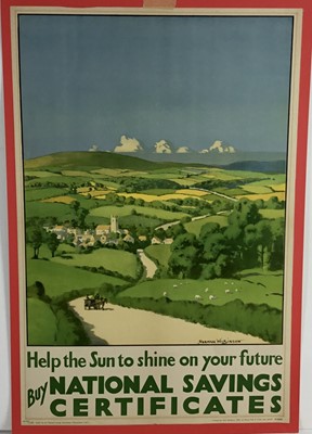 Lot 420 - Group of four unframed pictures to include an advertising poster issued by the National Savings Committee with a design featuring a landscape by Norman Wilkinson, 76cm x 51cm excluding the mount, a...