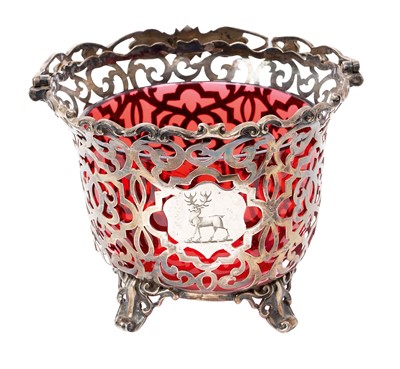 Lot 249 - Victorian silver swing handled sugar basket of circular form, with pierced decoration