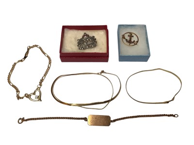 Lot 131 - 9ct gold necklace and matching bracelet, 9ct gold anchor brooch, silver marcasite naval brooch, 9ct rose gold identity bracelet and a plated bracelet