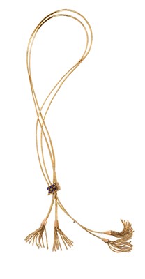 Lot 502 - Italian 18ct gold two strand crossover necklace with tassels