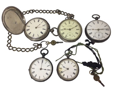 Lot 135 - Victorian silver full hunter pocket watch, two other silver cased pocket watches and two silver cased fob watches (5)