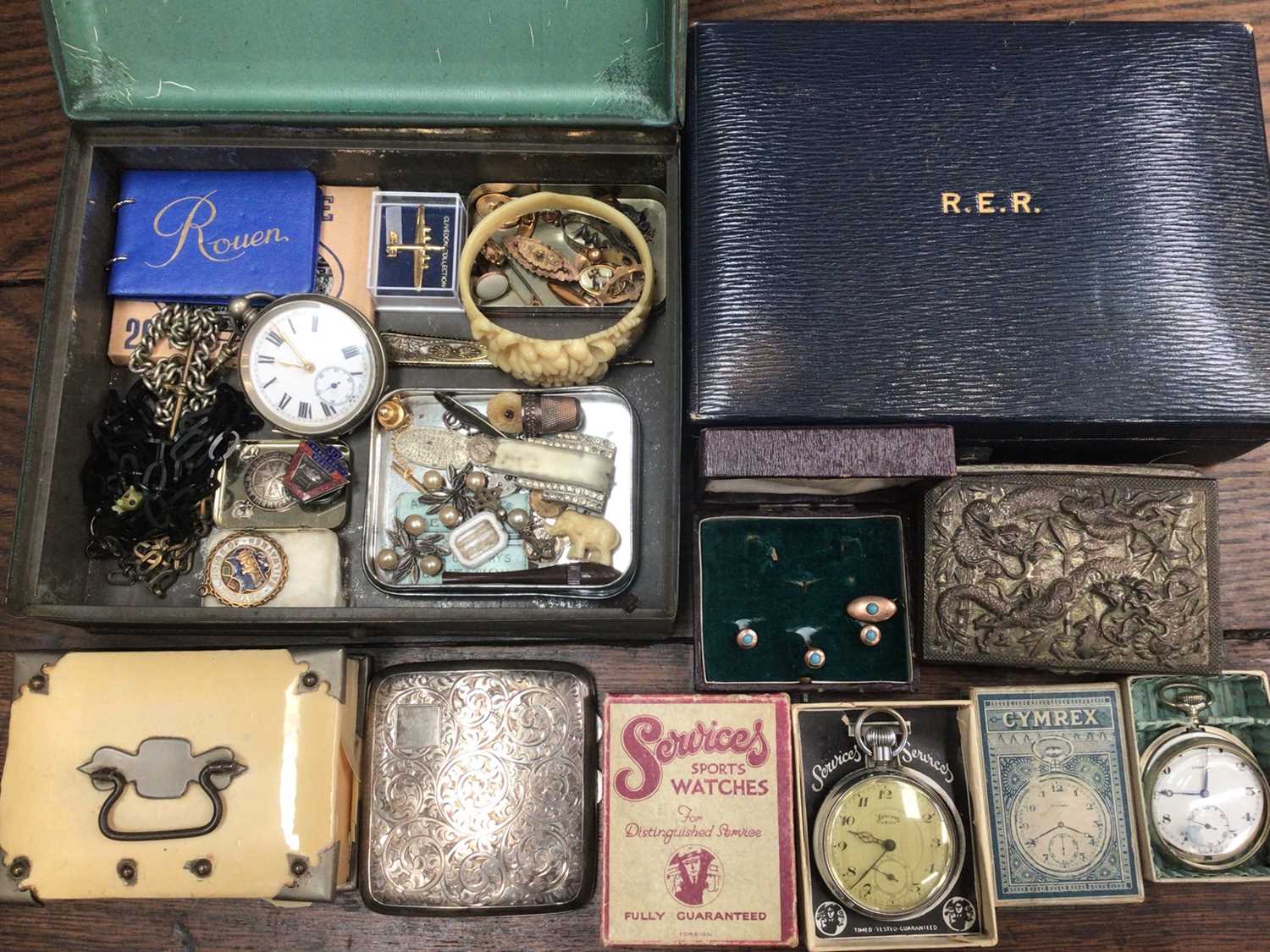 Lot 136 - Services Army pocket watch and Cymrex pocket watch both in original boxes, one other plated pocket watch, silver cigarette case, small group of jewellery, bijouterie and a Victorian navy leather je...