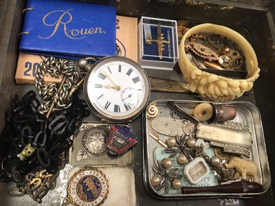 Lot 136 - Services Army pocket watch and Cymrex pocket watch both in original boxes, one other plated pocket watch, silver cigarette case, small group of jewellery, bijouterie and a Victorian navy leather je...