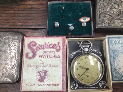 Lot 136 - Services Army pocket watch and Cymrex pocket watch both in original boxes, one other plated pocket watch, silver cigarette case, small group of jewellery, bijouterie and a Victorian navy leather je...