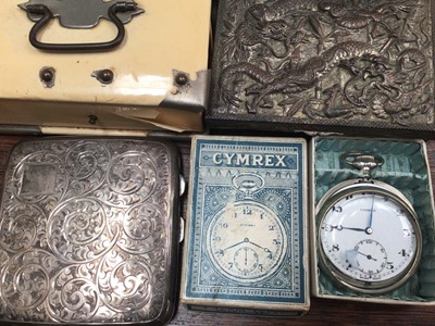 Lot 136 - Services Army pocket watch and Cymrex pocket watch both in original boxes, one other plated pocket watch, silver cigarette case, small group of jewellery, bijouterie and a Victorian navy leather je...