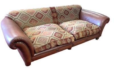 Lot 1080 - Good quality brown leather and Kilim pattern material sofa