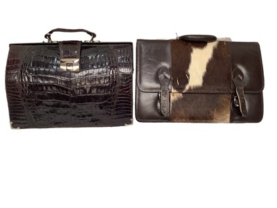 Lot 2066 - Vintage crocodile leather suitcase, vintage brown leather suitcase, crocodile leather briefcase with lock and key and a leather and pony skin satchel,(4)