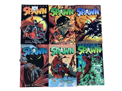 Lot 168 - Six Titan Books, Todd McFarlane "Spawn" Graphic Novels. Spawn Evolution, Revelation, Escalation, Retribution, Transformation and Abduction.